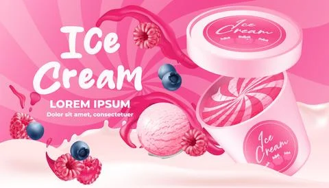 Realistic vector of a pink swirl ice cream in a 3D mockup bucket with the r.. Stock Illustration
