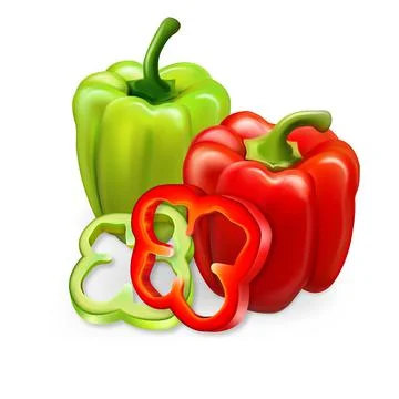 Realistic vector. Red and green paprika. Whole peppers and slices. 3d illustr Stock Illustration