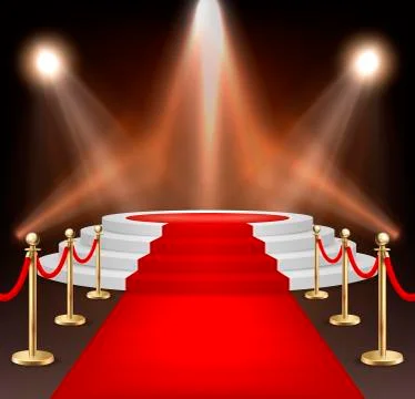 Realistic vector red event carpet, gold barriers and white stairs isolated on Stock Illustration