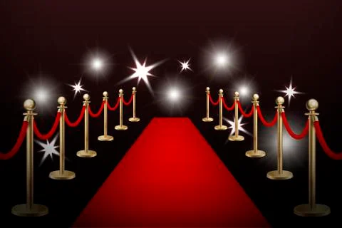 Realistic vector red event carpet , gold barriers and flashes. Design template Stock-Illustration