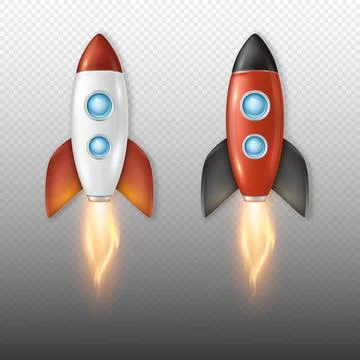 Realistic vector retro space rocket ship launch icon set isolated on transpar 스톡 일러스트
