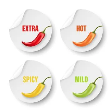 Realistic Vector Round Stickers with Spicy Chili Pepper Levels. Red, Orange Stock Illustration