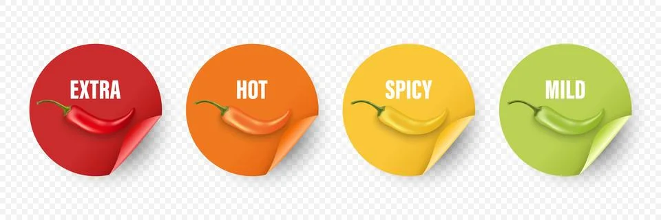Realistic Vector Round Stickers with Spicy Chili Pepper Levels. Red, Orange Stock Illustration