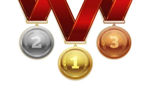 Realistic vector set of empty shining gold, silver and bronze medals and ribbon Stock Illustration