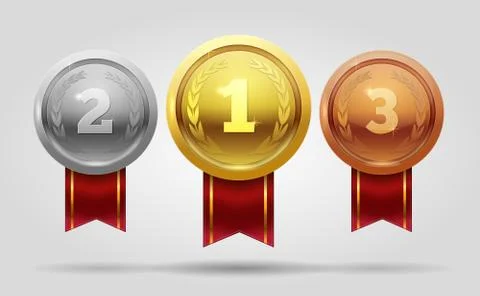 Realistic vector set of shining gold, silver and bronze medals and ribbon Stock Illustration