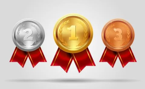 Realistic vector set of shining gold, silver and bronze medals and ribbon Stock Illustration