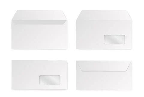 Realistic vector set of white envelopes and blank paper in open and closed views Stock Illustration