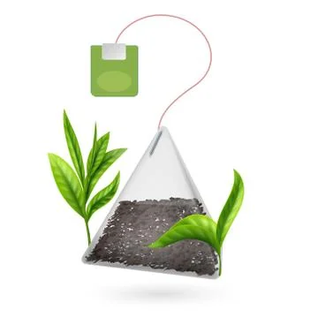 Realistic vector tea bag pyramid with tea leaves isolated on white background Stock-Illustration