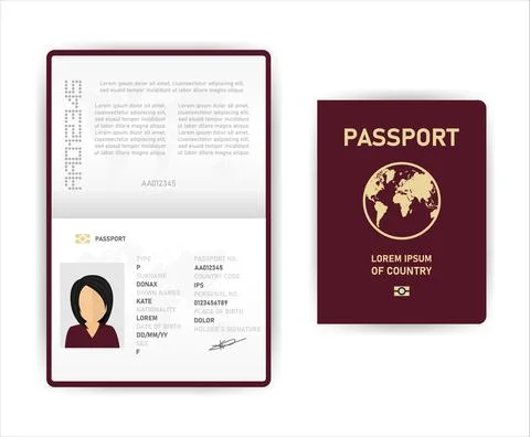 Realistic vector template open passport. International passport with sample p Stock Illustration