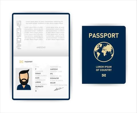 Realistic vector template open passport. International passport with sample p Stock Illustration