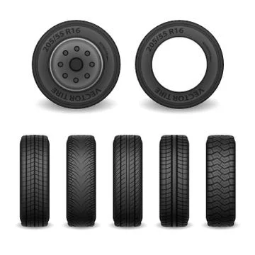 Realistic vector tires set. Car tires with different tread marks. Vector wheel Illustrazione stock