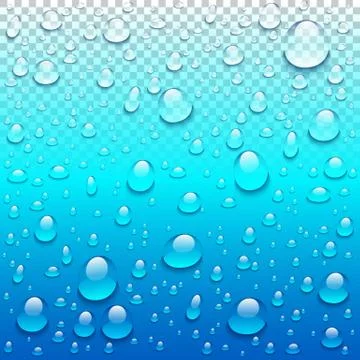 Realistic vector water drops transparent blue background. Clean drop condensa Stock Illustration