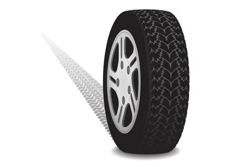 Realistic vector wheel with tyre track, metal rim and detailed rubber print. Stock Illustration