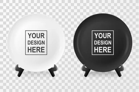Realistic vector white and black food dish plate icon set on a stand closeup Stock Illustration
