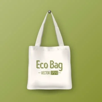 Realistic vector white empty textile tote bag. Closeup on green background Stock Illustration