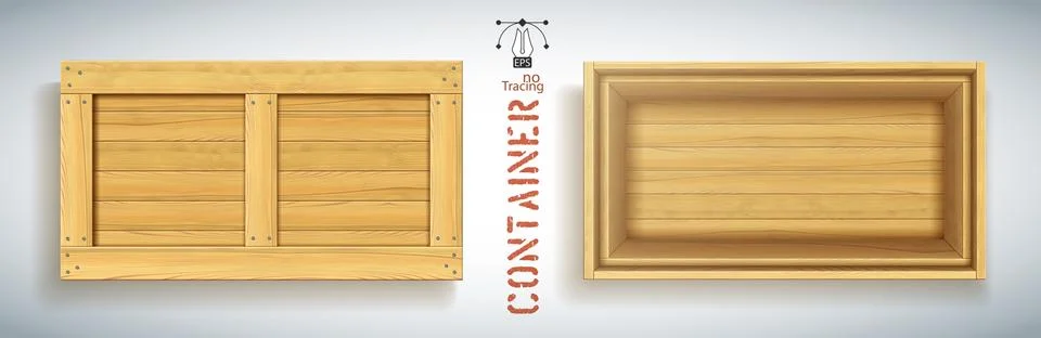 Realistic vector wooden open empty container with lid Stock Illustration