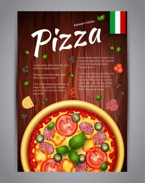 Realistic vertical pizza vector flyer on wood Stock Illustration