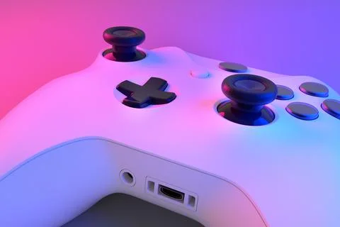 Realistic video game controller in neon lights on white table background Stock Illustration