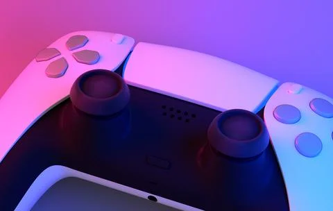 Realistic video game controller in neon lights on white table background Stock Illustration