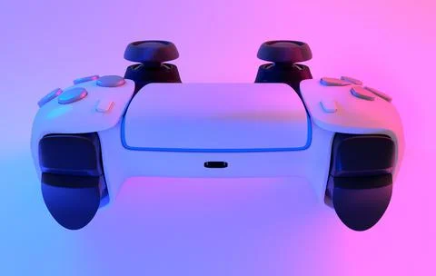 Realistic video game controller in neon lights on white table background Stock Illustration