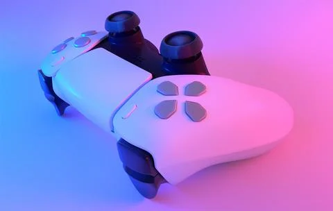Realistic video game controller in neon lights on white table background Stock Illustration