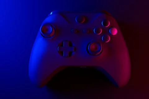 Realistic video game controller in neon lights on black noir background Stock Illustration