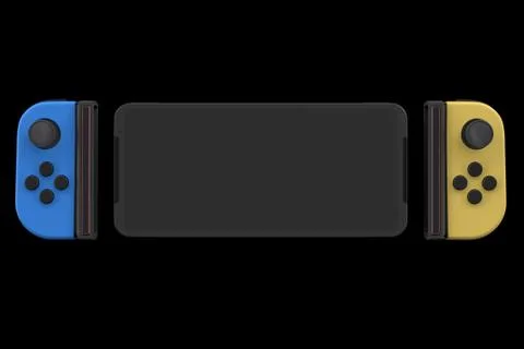 Realistic video game controllers attached to mobile phone isolated on black Stock Illustration