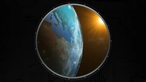 Realistic View of The Earth Through The Window of The Spaceship. Realistic Sun. Video stock 98588112