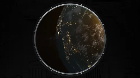 Realistic View of The Earth Through The Window of The Spaceship. Realistic Sun. Video stock 98680397