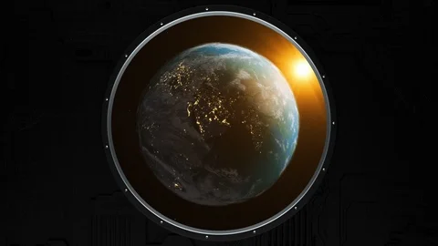 Realistic View of The Earth Through The Window of The Spaceship. Realistic Sun. Video stock 98692447