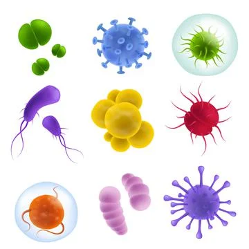 Realistic viruses types. 3d bacteria and germs, microorganism shapes and Illustrazione stock
