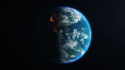 Realistic visualization of the spinning earth, with night and day transition, 4k Stockbeeldmateriaal 145983932