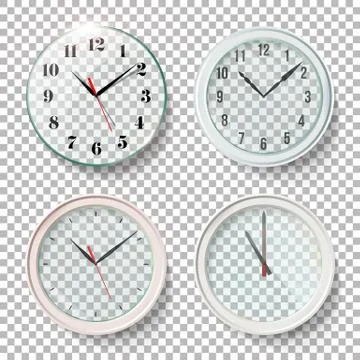 Realistic Wall Clocks Set Vector Illustration. Transparent Face. One Clock For Stock Illustration