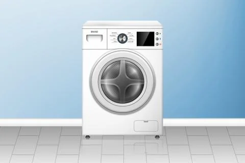 Realistic washing machine in empty laundry room. White washer front view. Modern Stock-Illustration