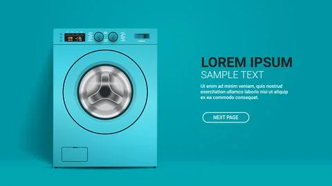 Realistic washing machine front view of blue washer domestic appliance concept Illustrazione stock