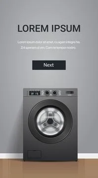 Realistic washing machine front view of steel washer domestic appliance concept Illustrazione stock