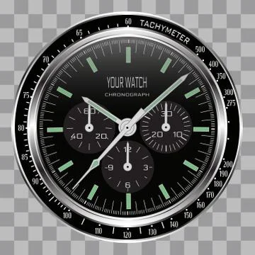 Realistic watch clock chronograph face stainless steel dial black vector. Stock Illustration