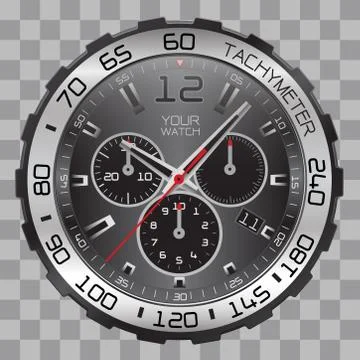 Realistic watch clock chronograph face stainless steel dial black vector. Stock Illustration