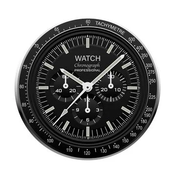 Realistic watch clock chronograph face stainless steel dial black on checkere Stock Illustration