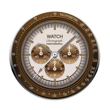 Realistic watch clock chronograph face stainless steel dial brown on white ba Stock Illustration