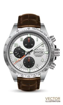 Realistic watch clock chronograph silver black red arrow white number text br Stock Illustration