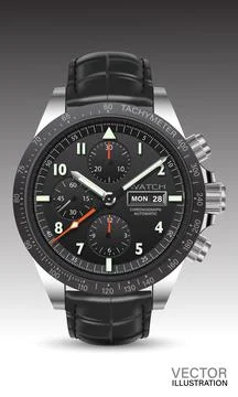 Realistic watch clock chronograph silver black red arrow white number text le Stock Illustration