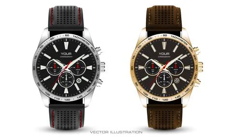 Realistic watch clock chronograph silver gold leather strap black brown colle Stock Illustration