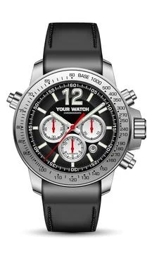 Realistic watch clock chronograph silver black face red arrow with leather Stock Illustration