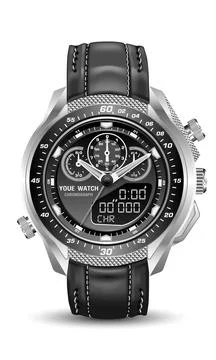 Realistic watch clock silver black leather strap on grey design classic Stock Illustration