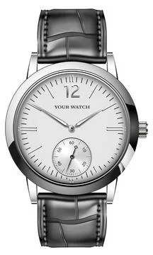 Realistic watch clock silver face grey arrow number with black leather strap Stock Illustration