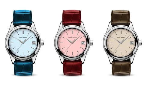 Realistic watch clock silver leather strap blue red brown collection on white Stock Illustration