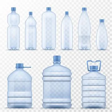 Realistic water bottle. Empty plastic containers for mineral, carbonated and Stock Illustration
