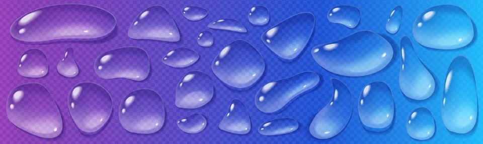 Realistic water drop set on gradient background. Clear rain droplets in mac.. Stock Illustration