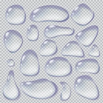 Realistic water drop set on transparent background. Clear rain droplets in ma Stock Illustration